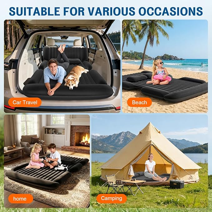 SUV Air Mattress - Thickened Car Air Mattress with Electric Pump Portable Inflatable Car Bed with 2 Pillows Camping Mattress Back Seat for SUV Trunk Travel Home (Black)