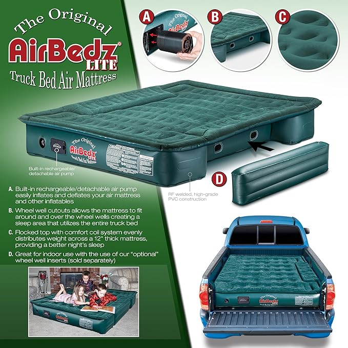 Pittman Truck Bed Air Mattress for 6.5 Foot Inflatable Truck Bed Mattress with Built in Pump &amp Wheel Well Inserts to Create a Camping Air Mattress - Fits Full Size Short Pickups