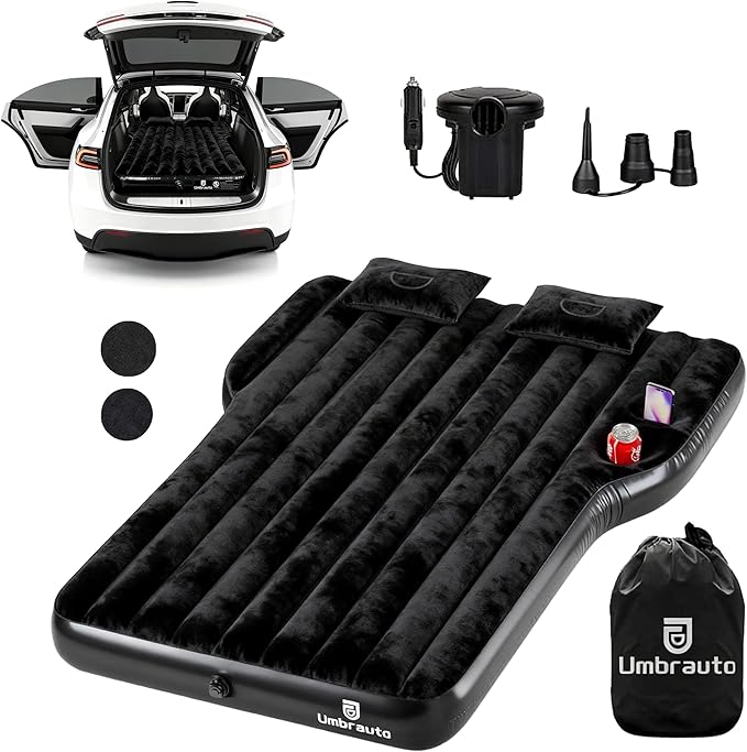 Umbrauto Custom Fit Air Mattress for Tesla Model Y/Juniper 2026 Upgraded Inflatable Camping Bed for Back Trunk Soft Flocking Surface+Reinforced Bottom Sleeping Pad w/Pump for Outdoor Travel