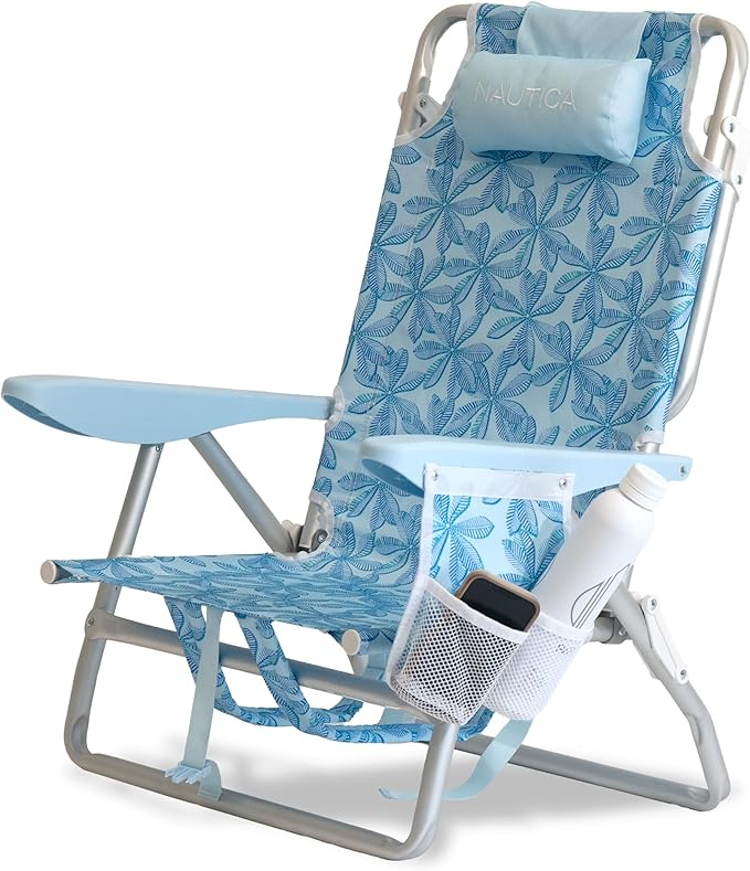 Nautica Backpack Beach Chair – 5 Position Reclining Portable Folding Beach Chair for Adults with Padded Pillow Headrest Insulated Cooler Bag Double Cup Holders Outdoor Folding Chair 300lb