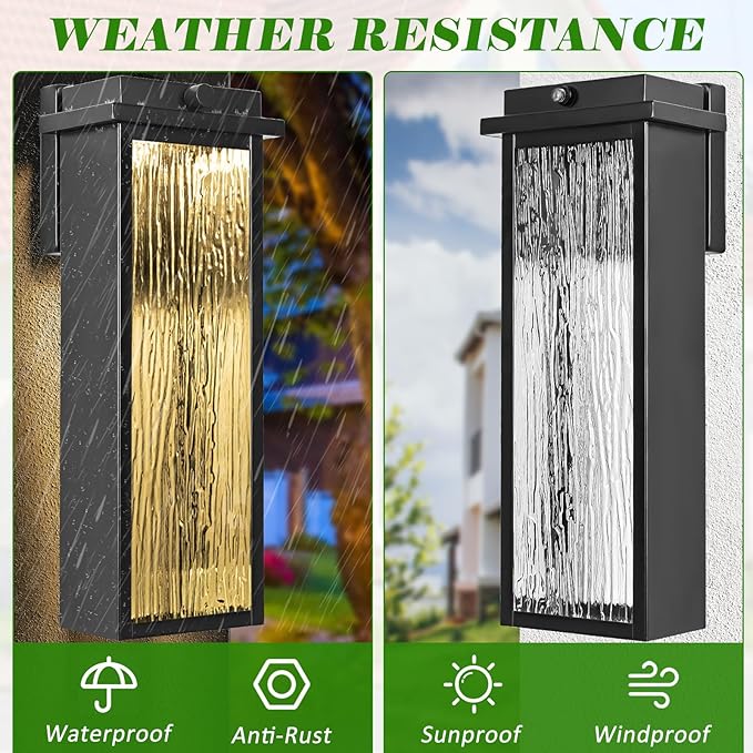 20 Extra Large Dusk to Dawn LED Outdoor Light 2 Packs Black Modern Exterior Lighting Fixtures Outside Porch Lights Wall Mount Mid-Century Wall Lantern with Rippled Glass Patio Sconce Lamp