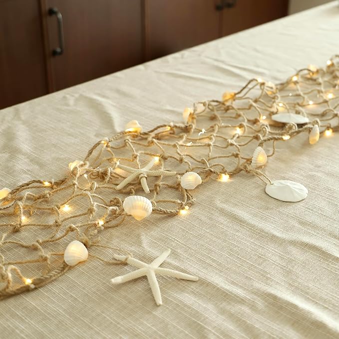 Seashell Garland 6.0FT (Length) × 0.5FT (Height) Rectangular Net Lights Beach Decor USB Battery Operated Ocean Light with Real Starfish Sand Dollars - Magic Conch Shell Beach Decorations for Home