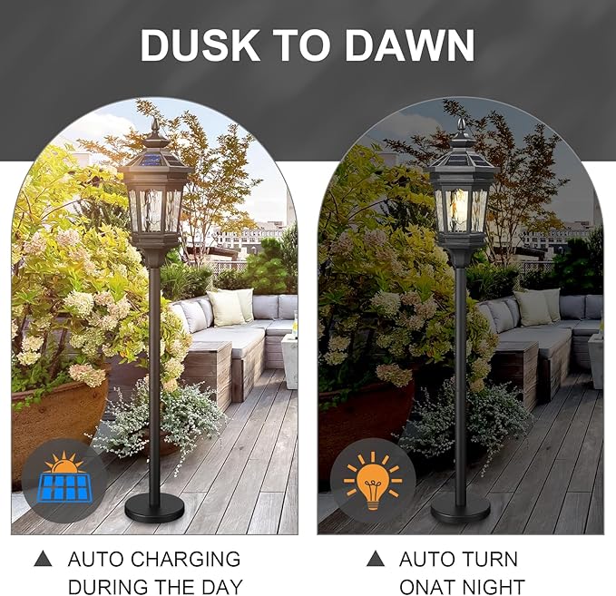 Darkaway Solar Post Light Outside Floor Lamp with Remote Control Waterproof Outdoor Solar Lighting with Water Ripple Glass Shade for Lawn Pool Garden