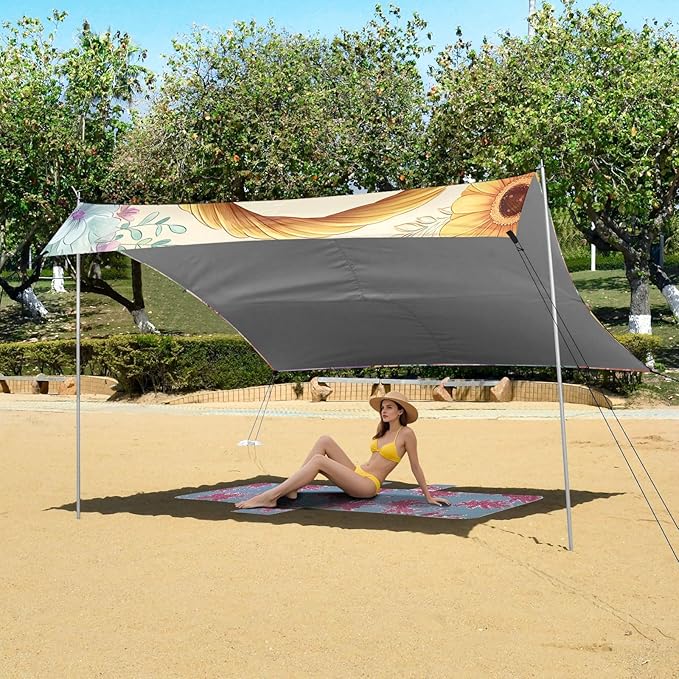 Bolaz Beach Canopy Tent Sun Shade9'×10.5' Large Family Beach Shade UPF50+- Outdoor Shade for Camping Trips FishingSloth Basket Flower