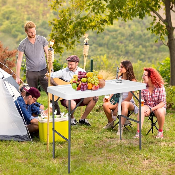 Fish Cleaning Table with Sink Portable Camping Table w/Flexible Faucet &amp Sprayer Drainage Hose Hook Up Outdoor Fish Cleaning Station for Garden Backyard Kitchen (with Sprayer)