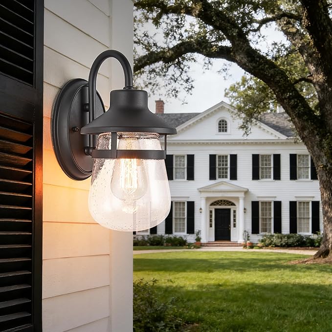 Classic Outdoor Porch Lights Wall Mounted Textured Black Clear Seeded Glass Waterproof and Anti-Rust Exterior Lights for Patio Yard House Hallway Doorway and Garage.