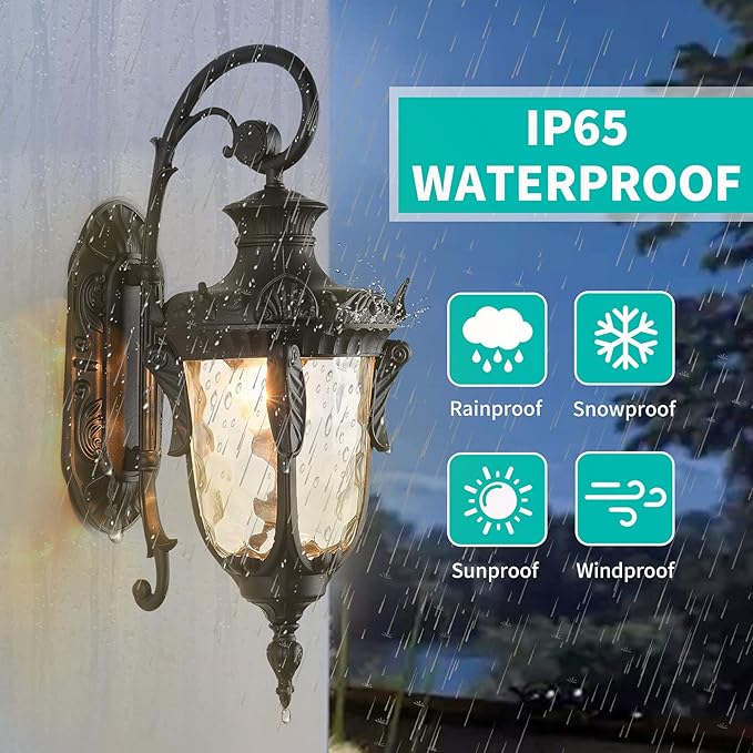 LONEDRUID Outdoor Wall Light Fixtures Black 20.47 H Exterior Wall Lantern Waterproof Sconce Porch Lights Wall Mount with Hammered Glass Shade for House