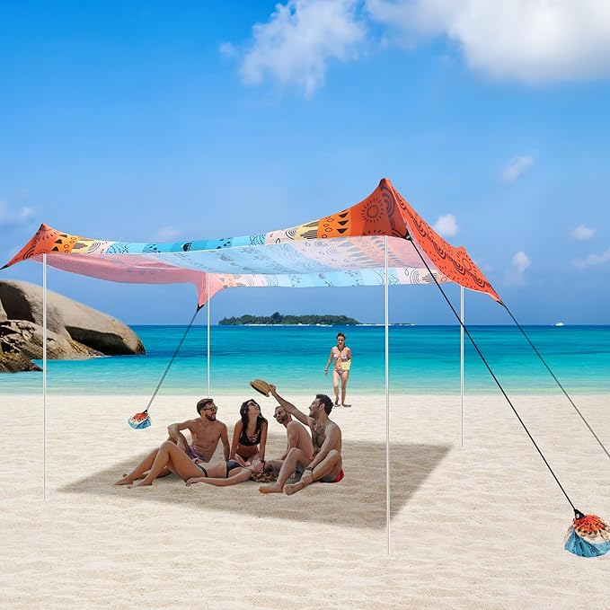 Beach Tent Beach Canopy Sun Shade Sail UPF 50+ Portable 10×10 FT Camping Sun Shelter with Sandbags Poles Ground Pegs and Anti-Wind Ropes for Outdoor Backyard Picnics Sport Fishing
