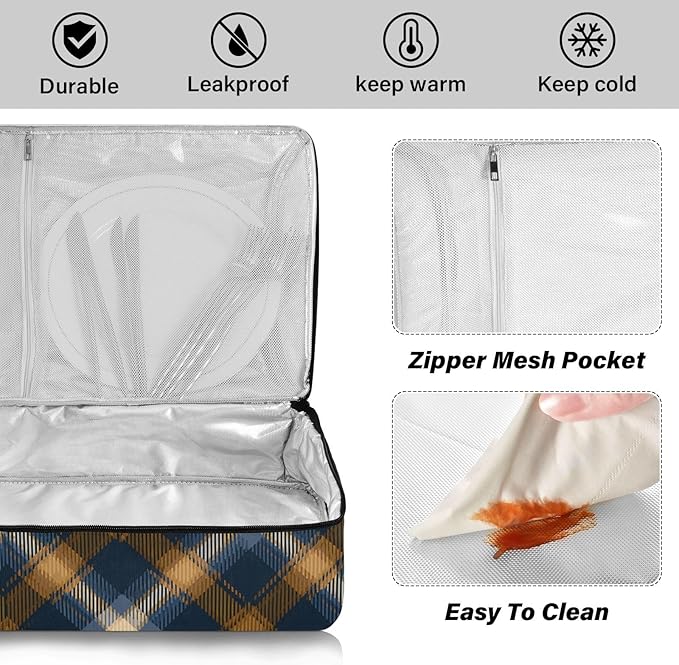 Casserole Carrier Pattern Blue Brown Tartan Plaid Insulated Casserole Carrier for Hot or Cold Food Thermal Lunch Tote for Parties Picnic Travel Carry Bag