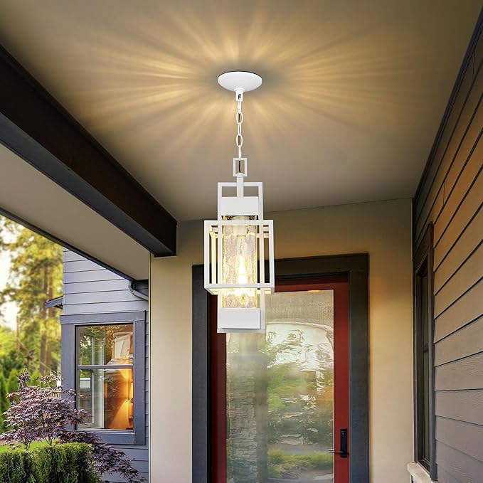 PARTPHONER 15 Outdoor Indoor Pendant Light Exterior Hanging Lantern Modern Metal Outside Chandelier Light Fixture Ceiling Mount with Water Glass for Front Porch Entrance Foyer Entryway White