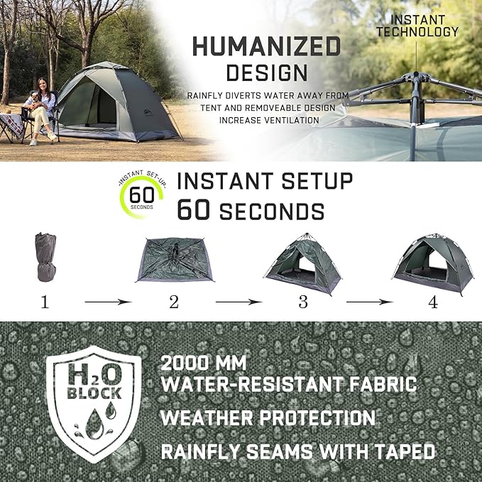 Happy Travel 1/2/3/4 Person Camping Tent Instant Easy Pop Up Tents for CampingAutomatic Waterproof Family Camping Tent Easy Set Up TentPortable Windproof Dome Tent for Camping Hiking &amp Traveli