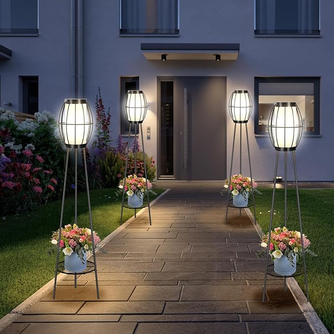 2 Pack Solar Lights Outdoor with Plant Stands Solar Floor Lamps Black Metal Tripod Deck Lights Patio Decor for Garden Yard Pathway Driveway Porch