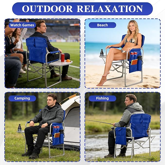 Camping Directors Chair Portable Folding Chair with Side Table and Pocket for Beach Camping Lawn &amp Fishing Navy