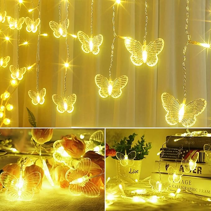 Butterfly Curtain Fairy Lights USB Plug in120 LED 8 Modes 20FT Firefly Twinkle Icicle String Lights with Remote Timer Waterproof Copper Wire for Bedroom Patio Christmas Wedding Party Dorm(Warm White)