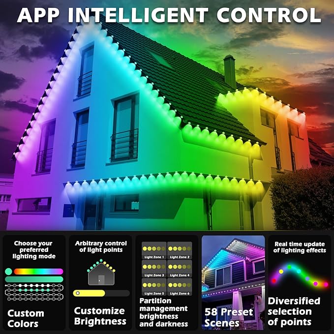 SINLEY 400FT Permanent Outdoor RGB LightsWaterproof Smart LED Eaves Lights with App/Remote Controlfor Christmas and All Holiday DecorDaily and Accent LightingHouse Roof and Garden Lighting