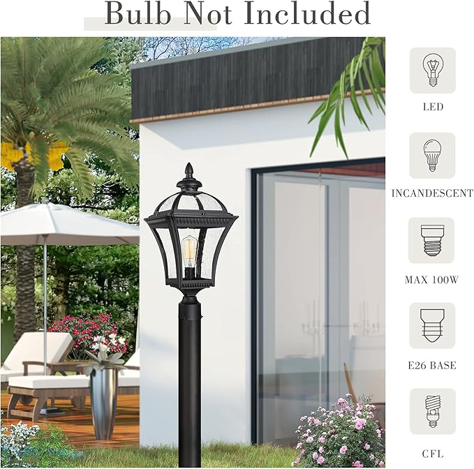 Emliviar 22 Inch Outdoor Post Light Farmhouse Vintage Outside Pole Light for Yard Aluminum with Seeded Glass Black Finish XE266P BK
