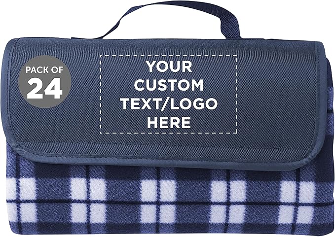 DISCOUNT PROMOS 24 Brookhaven Roll Up Picnic Blankets Set - Customizable Text Logo - Fleece Woven Handle - Navy Blue