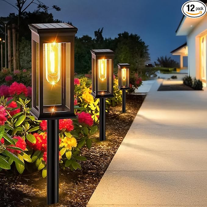 12 Pack Solar Pathway Lights OutdoorIP65 Waterproof - Bright Solar Lights OutdoorAuto On/Off Pathway Lights Solar PoweredSolar Path Lights for Walkway Driveway Garden