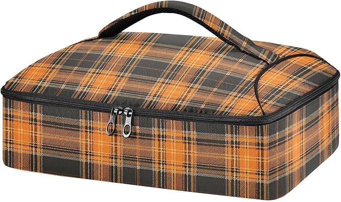 Casserole Carrier Orange and Brown Tartan Pattern Insulated Casserole Carrier for Hot or Cold Food Thermal Lunch Tote for Parties Picnic Travel Carry Bag