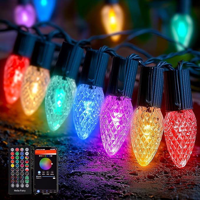 Dazzle Bright Smart C9 Christmas Outdoor Lights 100 LED 66 FT RGB String Light with Remote App Control Music Sync Connectable Waterproof Xmas Lights for Holiday Tree Patio Roof Decor