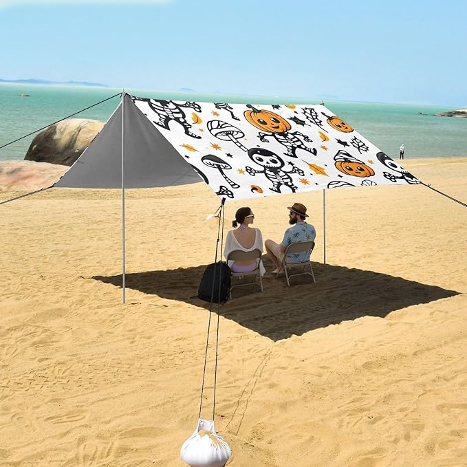 ALAZA Cute Pumpkin Skull Halloween Beach Tent Sun Shelter UPF50+ Protection Beach Shade Canopy w/ 4 Sandbags for Outdoor Camping Fishing Backyard Fun Picnic 10x9 ft