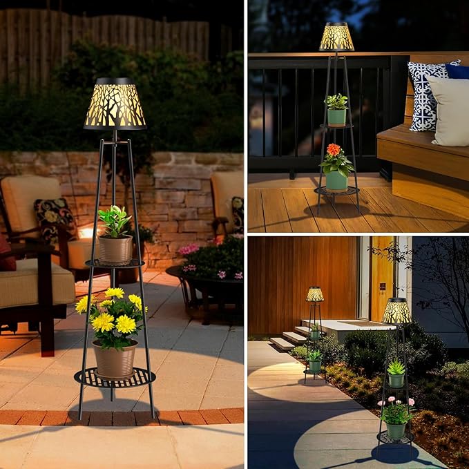 2 Pack 45.5'' Outdoor Floor Lamps with 2 Tier Plant Stand Solar Powered Metal Waterproof Lights for Patio Deck Yard Garden Porch Decor