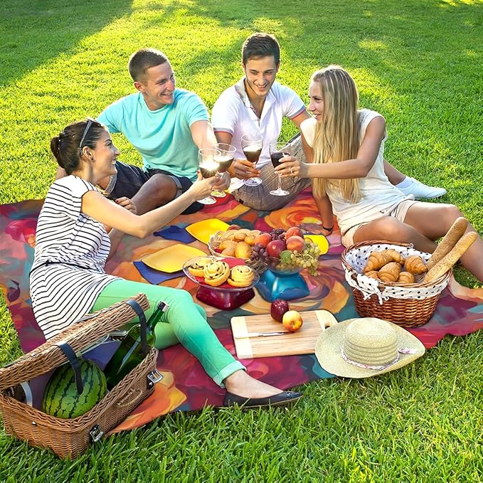 Waterproof Sandproof Beach Blanket 59''×68'' Oil Paintings Polyester Outdoor Picnic Blanket with 4 Stakes &amp Storage Bag for BeachCampingVacation Rose