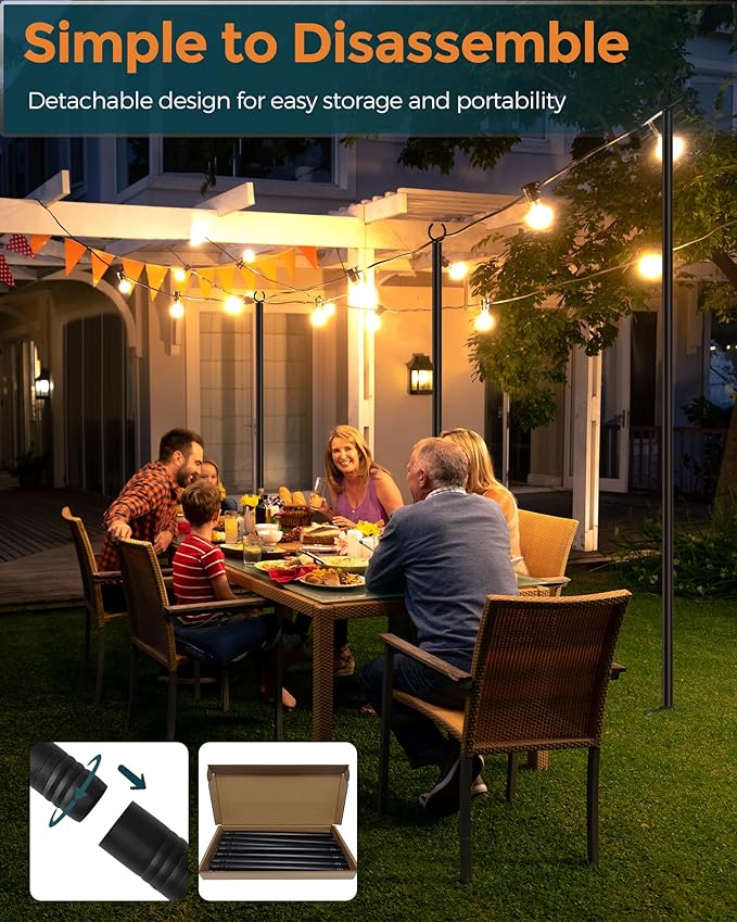 LAND·VOI Metal String Light Poles for Outside Hanging - Backyard Garden Patio 4 Pack Lighting Stand with Adjustable Height for Outdoor Parties Wedding Extra-Long 5-Prong Claws (10FT) FLP04B