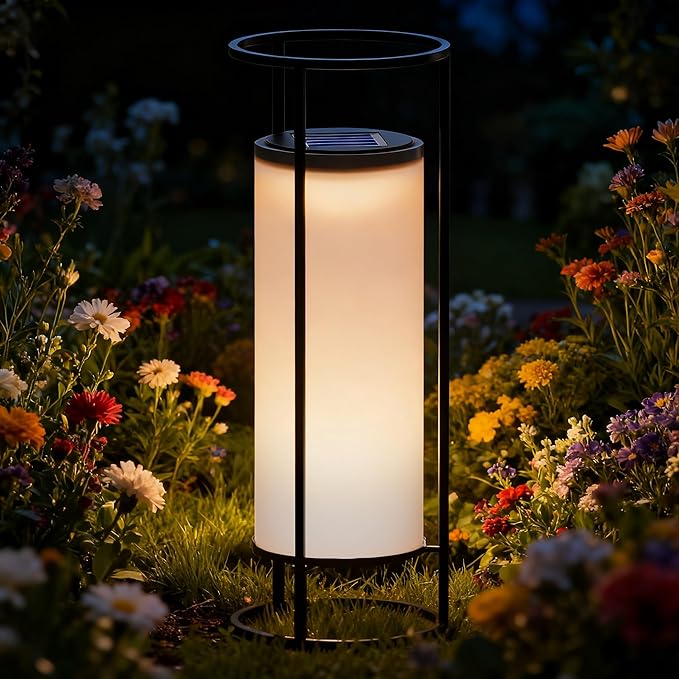 HOTEAGLE Outdoor Solar Lights14.8 H Modern Metal Cylinder Solar Powered Lantern Waterproof Decorative Table Lamp with Warm White LED Dusk to Dawn Auto On/Off for Garden Patio Yard Path Decor