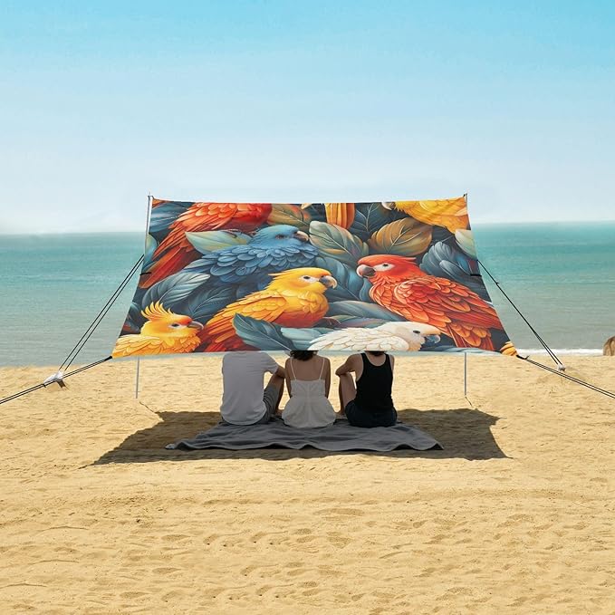 Colorful Birds Beach Tent Sun Shelter 9.2' x 10.5' Beach Canopy with 4 Sandbags 4 Stability Poles Sand Shovels - Tent Canopy for Beach Camping Fishing Picnics