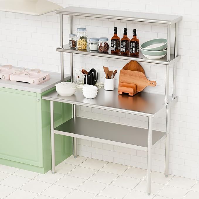 Double Overshelf of Stainless Steel 12'' x 48'' Commercial 2 Tier Shelf for Prep &amp Work Table in Restaurant Home and Kitchen (12x48)