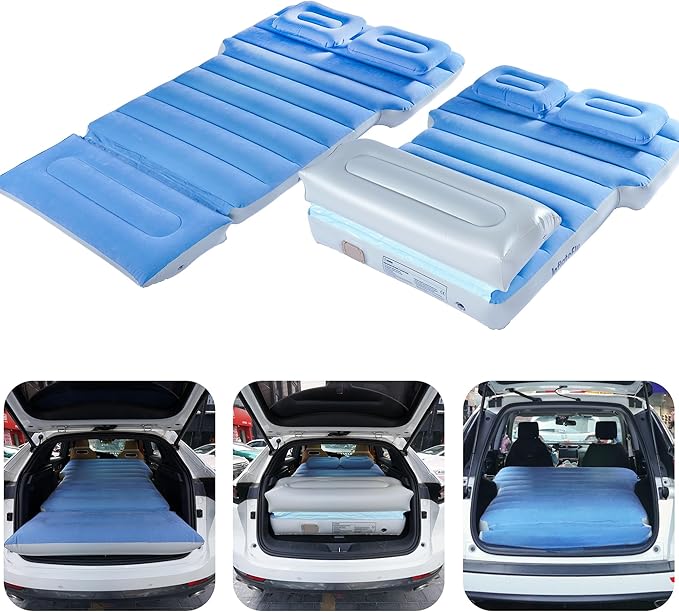 Inflatable Car Air Mattress with Built-in Pump Adjustable Car Camping Bed Sleeping Pad for Back Seat Portable Travel with Two Air Pillows