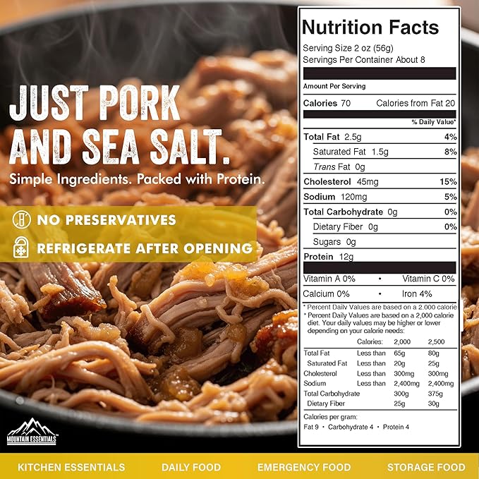 MOUNTAIN ESSENTIALS Canned Pork 14.5 oz – Fully Cooked Ready to Eat – Pantry Staple Meat for Everyday Meals Premium Emergency Survival Bulk Food Storage Camping Hiking &amp Quick Meals – 5-Year