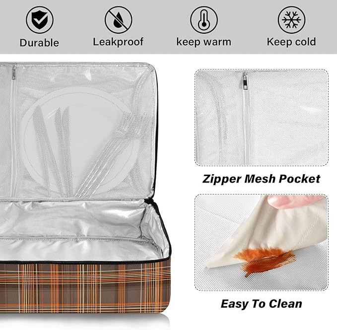Casserole Carrier Orange and Brown Tartan Pattern Print Insulated Casserole Carrier for Hot or Cold Food Thermal Lunch Tote for Parties Picnic Travel Carry Bag