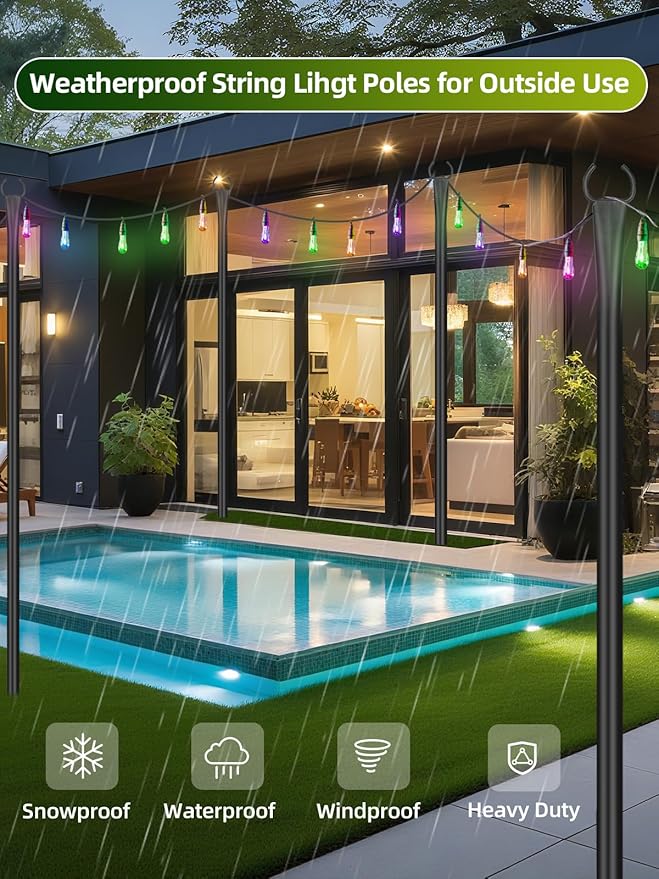 String Light Poles for Outside 4 Pack 10ft Metal Outdoor String Light Poles for Deck - Ideal for Patio Garden Yard Front Porch Decorations Black