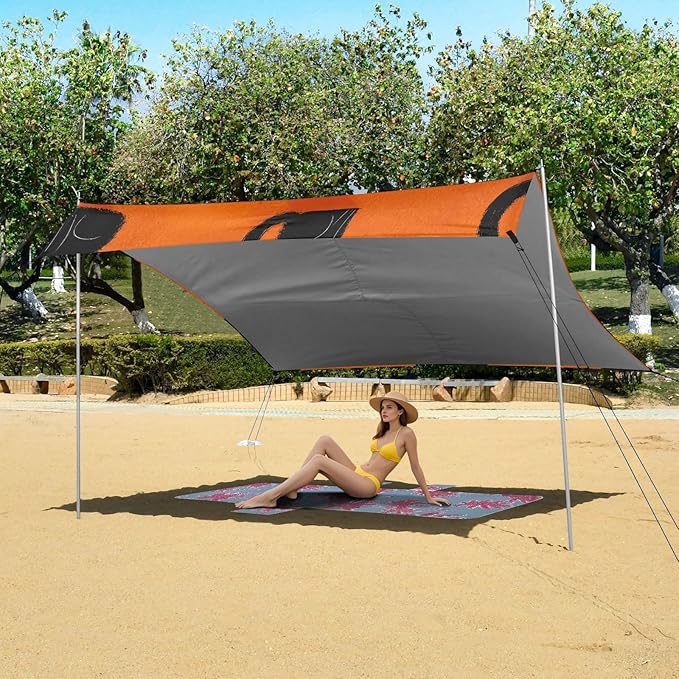 ALAZA Black Cat Orange Background Pattern Beach Tent Sun Shelter UPF50+ Protection Beach Shade Canopy w/ 4 Sandbags for Outdoor Camping Fishing Backyard Fun Picnic 10x9 ft