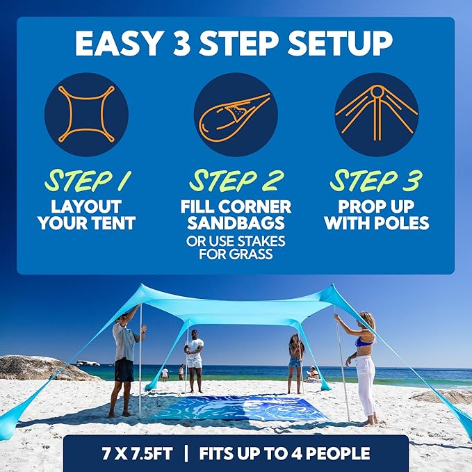 Sun Ninja Beach Tent Sun Shelter UPF50+ - Easy Pop Up Beach Canopy - Outdoor Shade for Camping Trips Fishing Backyard Fun Picnics - Sand Shovel Ground Pegs &amp Stability Poles