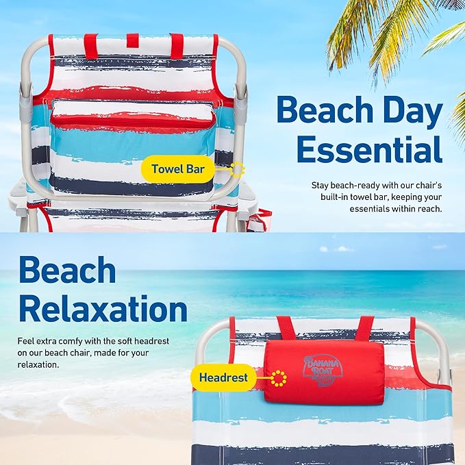 Banana Boat Folding Beach Chair Lightweight Backpack Chairs for Adults 5-Position with Lay Flat Outdoor Heavy Duty Beach Chair Red (1 PK)