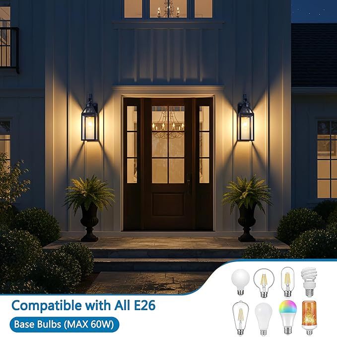 16 Dusk to Dawn Outdoor Wall Light with Sensor - Waterproof Exterior Wall Sconce for Porch Patio Garage Front Door Balcony Entry Modern Hardwired Lantern in Black Metal &amp Glass E26 - 2 Pack