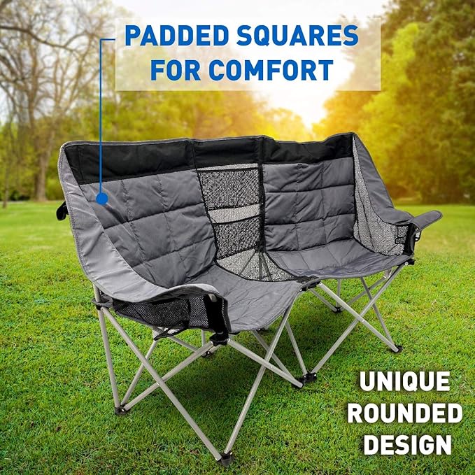 EasyGo Product Camping Chair - Double Love Seat Heavy Duty Oversized - Folds Easily and is Padded Black Grey
