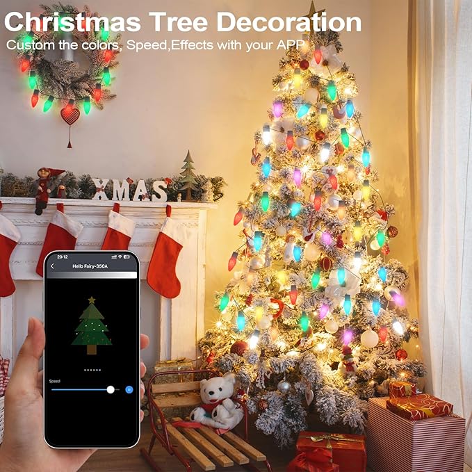 Christmas Outdoor Lights C9 33FT 50 LEDs Smart APP Remote Control RGB String Lights Plug in DIY Chasing Xmas Lights Color Changing with Timer &amp Music Sync for Holiday Xmas Tree Decoration