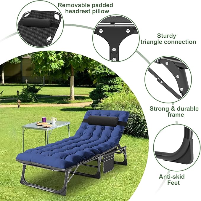 Barbella Folding Lounge Chair with Mattress 4 Position Adjustable Folding Sleeping Bed Cot Patio Chaise Lounge Chairs Perfect for Sunbathing Camping Pool Beach Patio Black Chair/Blue Pad