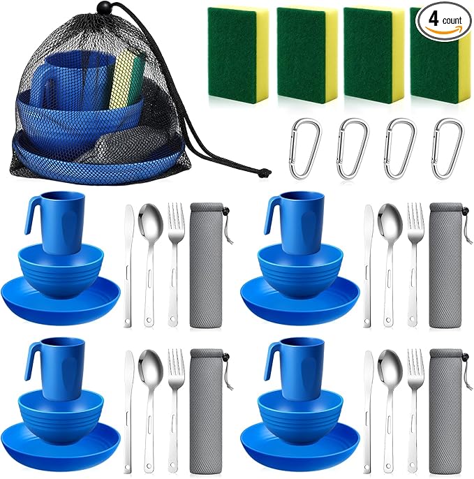 Camping Mess Kit for 4 Reusable Plastic Camping Dishes Set Light Weight Tableware Kit Utensils for Backpacking Hiking Picnic Outdoor Essentials Gear