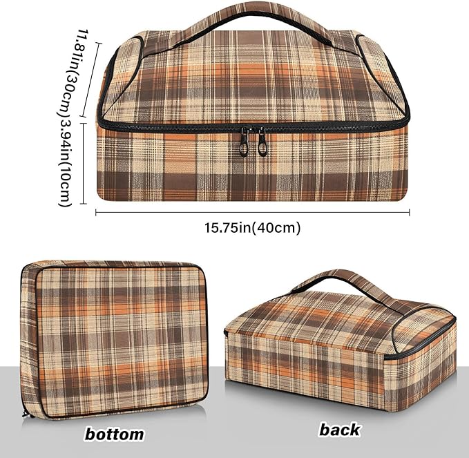 Casserole Carrier Brown Orange Tartan Pattern Insulated Casserole Carrier for Hot or Cold Food Thermal Lunch Tote for Parties Picnic Travel Carry Bag
