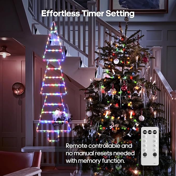 4.6FT LED Christmas Tree Ladder Lights with Remote Plug-in Christmas Window Lights IP65 Waterproof Timer 8 Lighting Modes Window Hanging Light for Indoor Outdoor Wall Door Garden