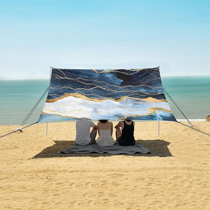ALAZA Blue &amp Gold Marble Beach Tent Sun Shelter UPF50+ Protection Beach Shade Canopy w/ 4 Sandbags for Outdoor Camping Fishing Backyard Fun Picnic 10x9 ft