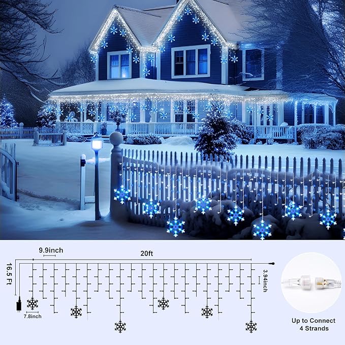 Minetom Icicle Lights Outdoor with Snowflake 20FT 200 LED Icicle Christmas Light with 24 Drops8 Modes Icicle String Light with Remote Timer Waterproof Christmas Lights Outdoor Blue White