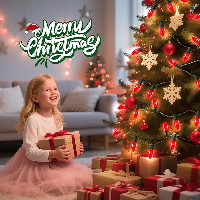Minetom C9 Red Christmas String Lights 25FT 25 Blubs Bright &amp Warm Outdoor Christmas Lights Long Life C9 String Lights for Tree Patio Gazebo Wreath Green