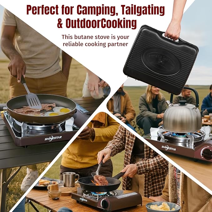 SHINESTAR 14000 BTU Butane Camping Stove Double Wind-Guard Portable Butane Stove for Camping Hiking Emergencies Tailgating Essentials Carrying Case Included Brown