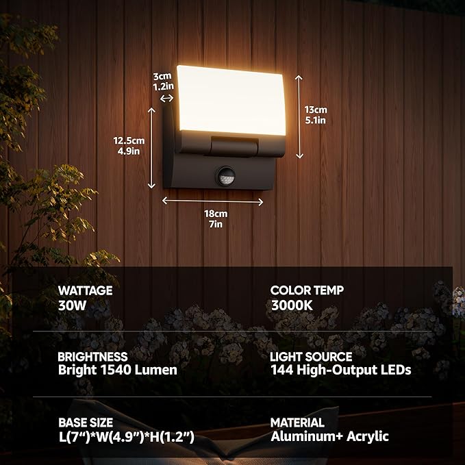 Motion Sensor LED Outdoor Wall Light 2-Pack Rotatable Adjustable Wall Sconce IP65 Waterproof Porch Light for House Garage Patio 3000K Warm White Matte Black Aluminum